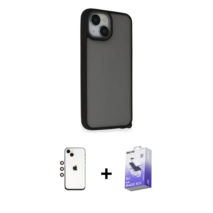 MARSİLYAN™- iPhone 14 Kılıf Atlas Form - Siyah Bilvis 5in1 5D Magic Hayalet Cam Ekran Koruyucu + Shine Kamera Lens - GI