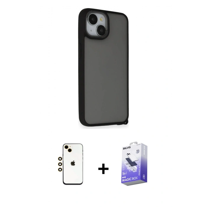MARSİLYAN™- iPhone 14 Kılıf Atlas Form - Siyah Bilvis 5in1 5D Magic Hayalet Cam Ekran Koruyucu + Shine Kamera Lens - GD