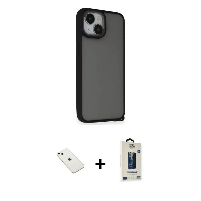 MARSİLYAN™- iPhone 14 Kılıf Atlas Form - Siyah Bilvis Hayalet Cam Ekran Koruyucu + Diamond Kamera Lens - PE