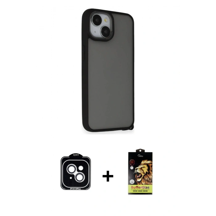 MARSİLYAN™- iPhone 14 Kılıf Atlas Form - Siyah Buffer Cam Ekran Koruyucu + PVD Metal Kamera Lens - GS