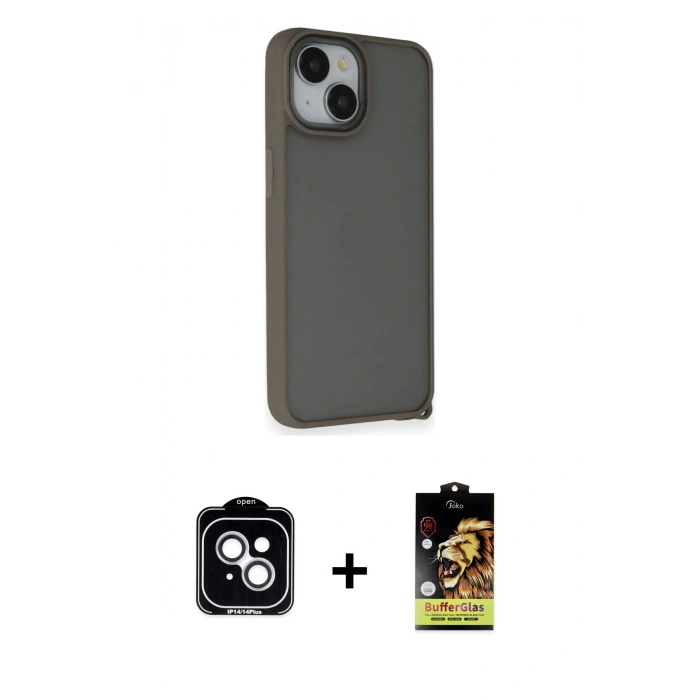 MARSİLYAN™- iPhone 14 Kılıf Atlas Form - Siyah Buffer Cam Ekran Koruyucu + PVD Metal Kamera Lens - GS