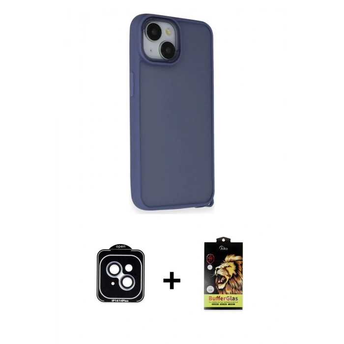 MARSİLYAN™- iPhone 14 Kılıf Atlas Form - Siyah Buffer Cam Ekran Koruyucu + PVD Metal Kamera Lens - MI