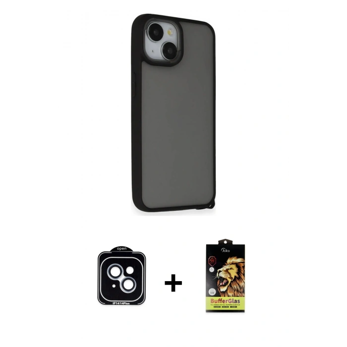 MARSİLYAN™- iPhone 14 Kılıf Atlas Form - Siyah Buffer Cam Ekran Koruyucu + PVD Metal Kamera Lens - MI