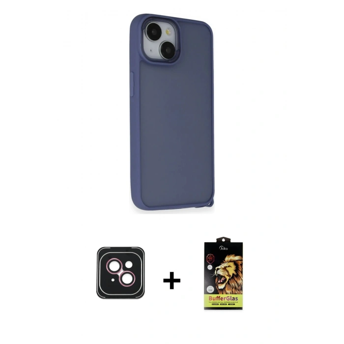 MARSİLYAN™- iPhone 14 Kılıf Atlas Form - Siyah Buffer Cam Ekran Koruyucu + PVD Metal Kamera Lens - PE