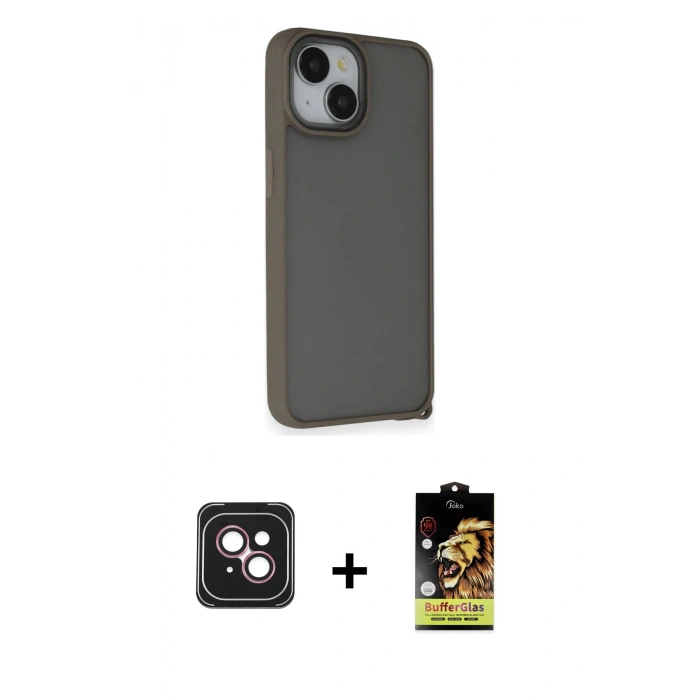 MARSİLYAN™- iPhone 14 Kılıf Atlas Form - Siyah Buffer Cam Ekran Koruyucu + PVD Metal Kamera Lens - PE
