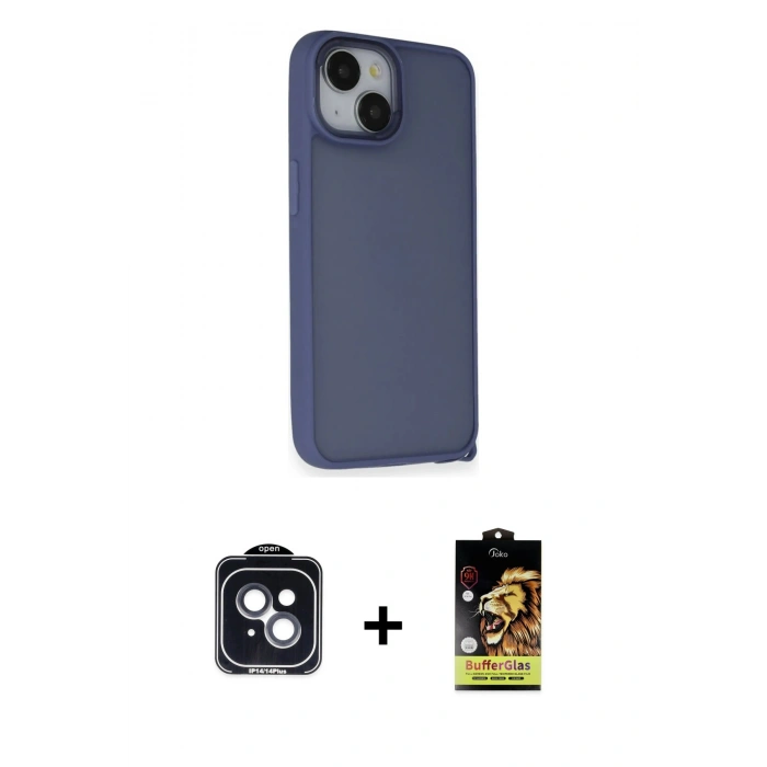MARSİLYAN™- iPhone 14 Kılıf Atlas Form - Siyah Buffer Cam Ekran Koruyucu + PVD Metal Kamera Lens - SH