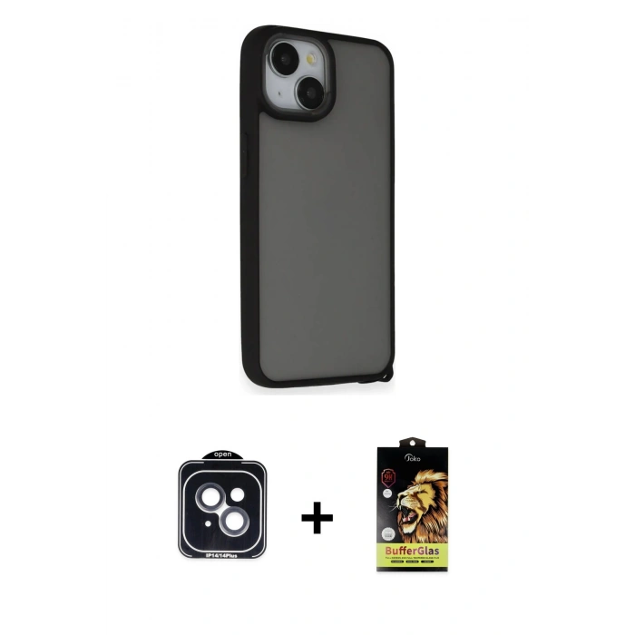 MARSİLYAN™- iPhone 14 Kılıf Atlas Form - Siyah Buffer Cam Ekran Koruyucu + PVD Metal Kamera Lens - SH