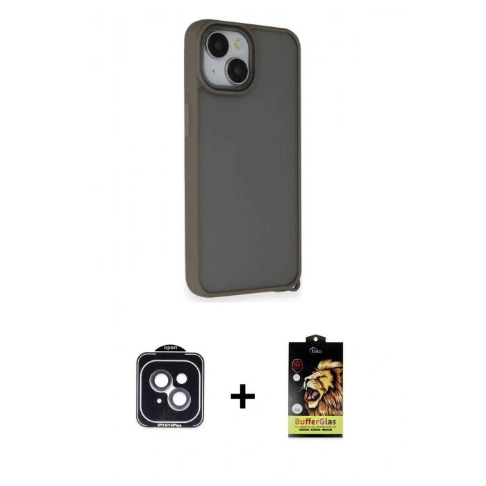 MARSİLYAN™- iPhone 14 Kılıf Atlas Form - Siyah Buffer Cam Ekran Koruyucu + PVD Metal Kamera Lens - SH