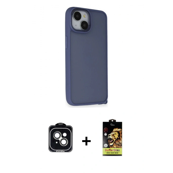 MARSİLYAN™- iPhone 14 Kılıf Atlas Form - Siyah Buffer Cam Ekran Koruyucu + PVD Metal Kamera Lens - YL