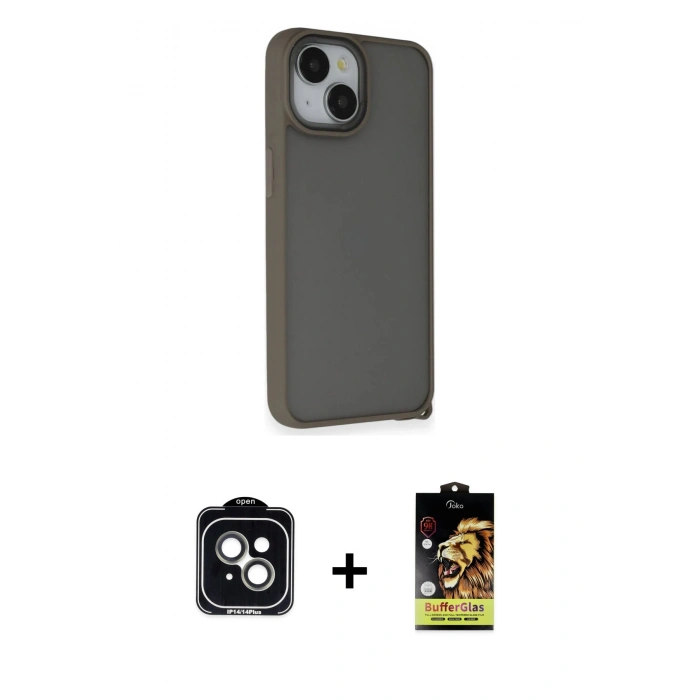 MARSİLYAN™- iPhone 14 Kılıf Atlas Form - Siyah Buffer Cam Ekran Koruyucu + PVD Metal Kamera Lens - YL