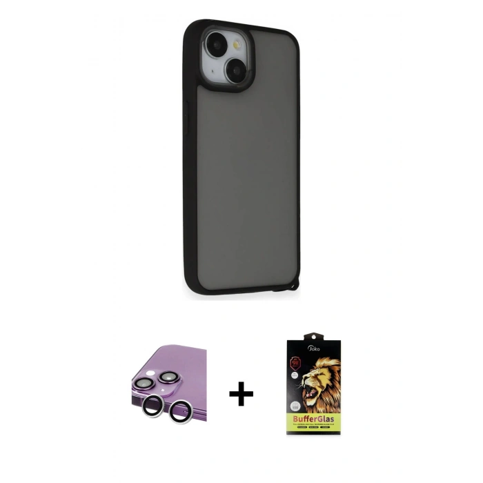 MARSİLYAN™- iPhone 14 Kılıf Atlas Form - Siyah Buffer Cam Ekran Koruyucu + Raze Metal Kamera Lens - GS