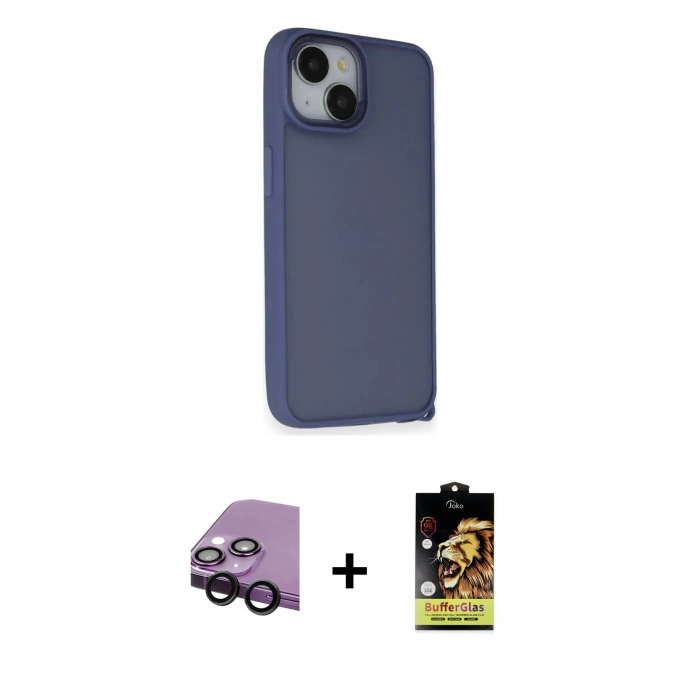MARSİLYAN™- iPhone 14 Kılıf Atlas Form - Siyah Buffer Cam Ekran Koruyucu + Raze Metal Kamera Lens - SH