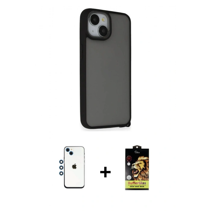 MARSİLYAN™- iPhone 14 Kılıf Atlas Form - Siyah Buffer Cam Ekran Koruyucu + Shine Kamera Lens - MI