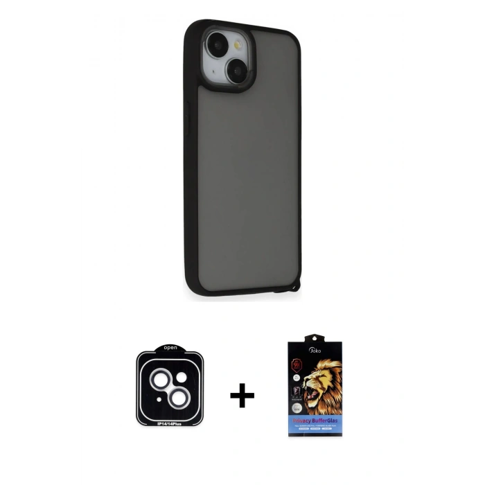MARSİLYAN™- iPhone 14 Kılıf Atlas Form - Siyah Buffer Hayalet Cam Ekran Koruyucu + PVD Metal Kamera Lens - GS