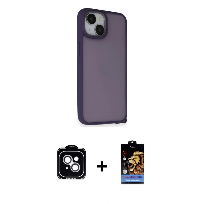 MARSİLYAN™- iPhone 14 Kılıf Atlas Form - Siyah Buffer Hayalet Cam Ekran Koruyucu + PVD Metal Kamera Lens - GS