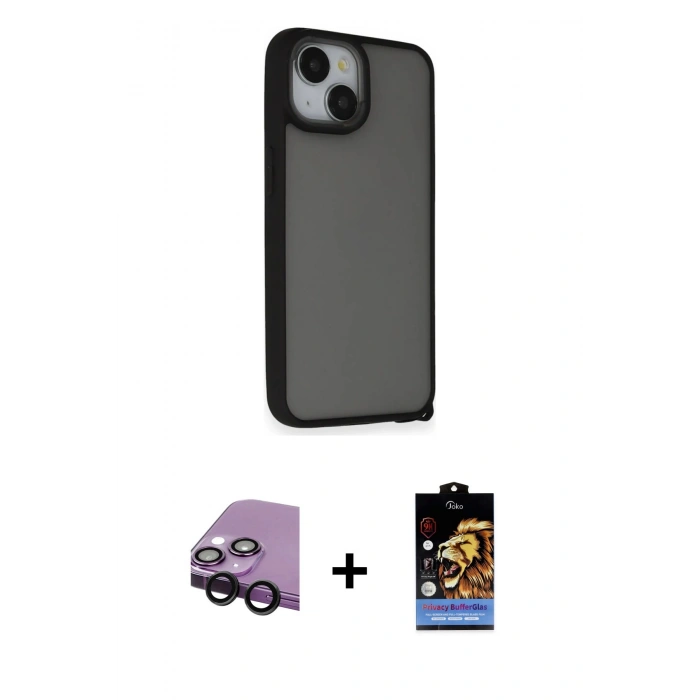 MARSİLYAN™- iPhone 14 Kılıf Atlas Form - Siyah Buffer Hayalet Cam Ekran Koruyucu + Raze Metal Kamera Lens - SH