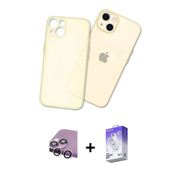 MARSİLYAN™- iPhone 14 Kılıf Atlas Minimal Prime - Siyah Bilvis 5in1 3D Magic Cam Ekran Koruyucu + Mor Raze Metal Kamera Lens