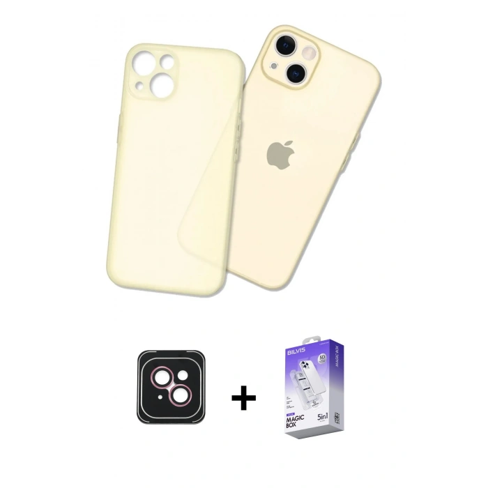 MARSİLYAN™- iPhone 14 Kılıf Atlas Minimal Prime - Siyah Bilvis 5in1 3D Magic Cam Ekran Koruyucu + PVD Metal Kamera Lens - PE