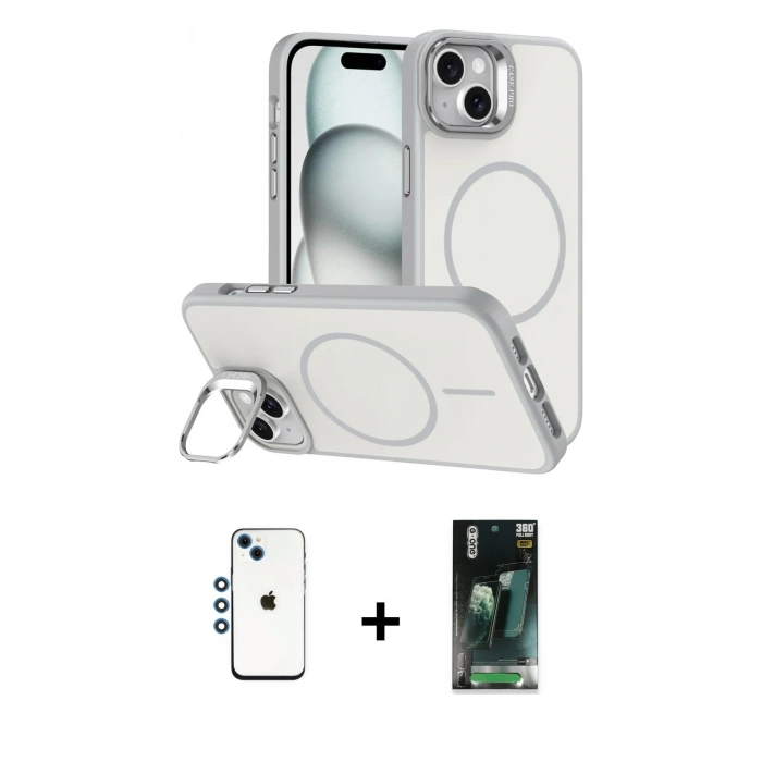 MARSİLYAN™- iPhone 14 Kılıf Çekirdek Klasik - Şeffaf 360 Full Body Arka Koruyucu + Shine Kamera Lens - MI