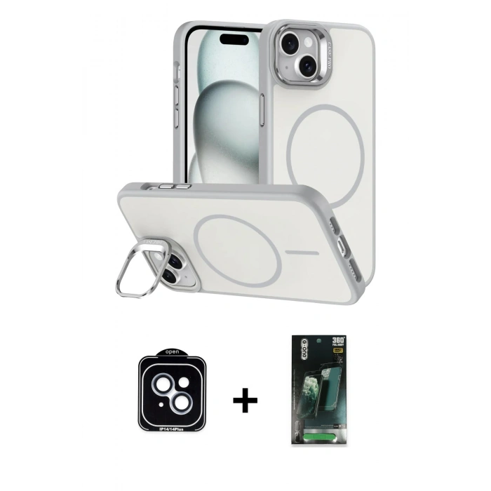 MARSİLYAN™- iPhone 14 Kılıf Çekirdek Klasik - Şeffaf 360 Full Body Arka Koruyucu + PVD Metal Kamera Lens - MI