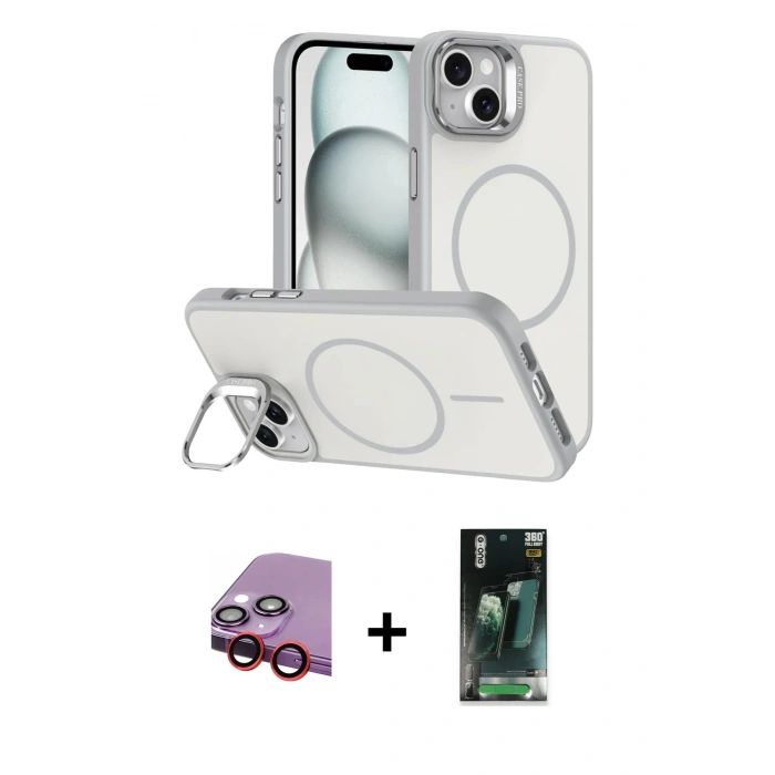 MARSİLYAN™- iPhone 14 Kılıf Çekirdek Klasik - Şeffaf 360 Full Body Arka Koruyucu + Raze Metal Kamera Lens - KI