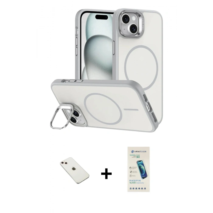 MARSİLYAN™- iPhone 14 Kılıf Çekirdek Klasik - Şeffaf Pasifik Cam Ekran Koruyucu + Diamond Kamera Lens - PE