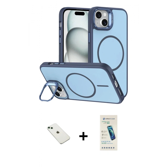 MARSİLYAN™- iPhone 14 Kılıf Çekirdek Klasik - Şeffaf Pasifik Cam Ekran Koruyucu + Yeşil Diamond Kamera Lens