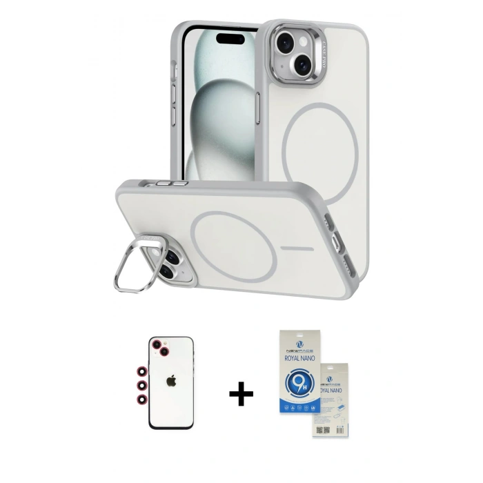 MARSİLYAN™- iPhone 14 Kılıf Çekirdek Klasik - Şeffaf Royal Nano Ekran Koruyucu + Shine Kamera Lens - KI