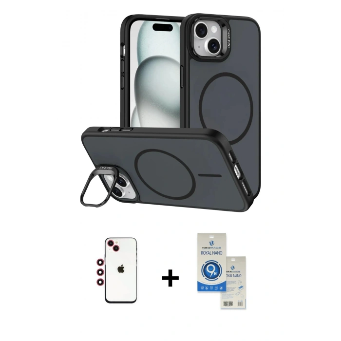 MARSİLYAN™- iPhone 14 Kılıf Çekirdek Klasik - Şeffaf Royal Nano Ekran Koruyucu + Shine Kamera Lens - KI