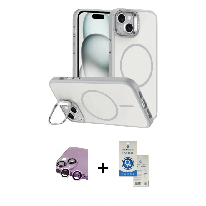 MARSİLYAN™- iPhone 14 Kılıf Çekirdek Klasik - Şeffaf Royal Nano Ekran Koruyucu + Raze Metal Kamera Lens - MR