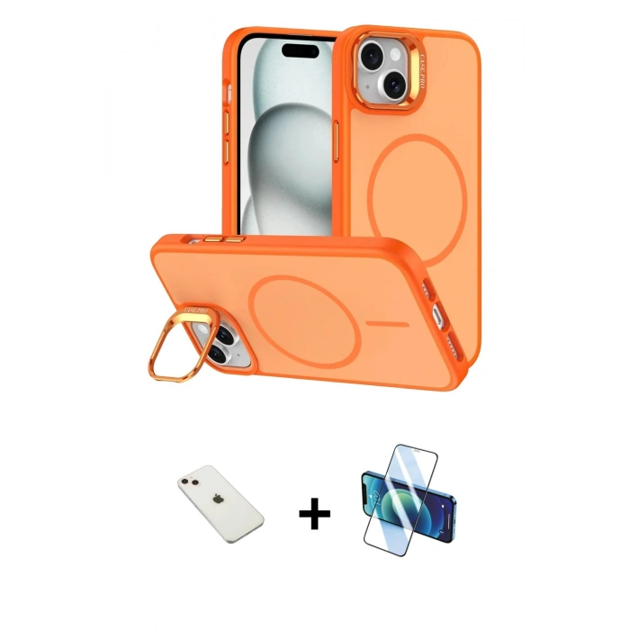 MARSİLYAN™- iPhone 14 Kılıf Çekirdek Klasik - Siyah 3D Antistatik Cam Ekran Koruyucu + Diamond Kamera Lens - PE