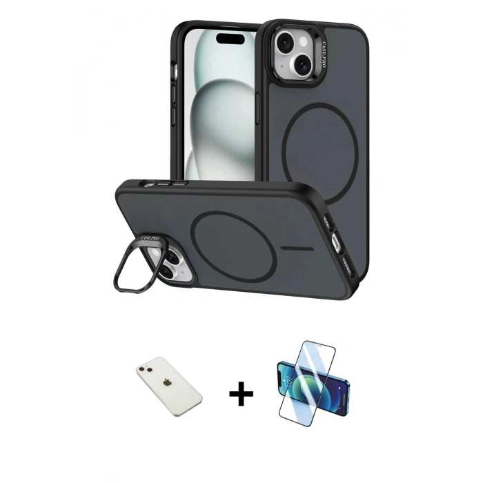MARSİLYAN™- iPhone 14 Kılıf Çekirdek Klasik - Siyah 3D Antistatik Cam Ekran Koruyucu + Diamond Kamera Lens - PE