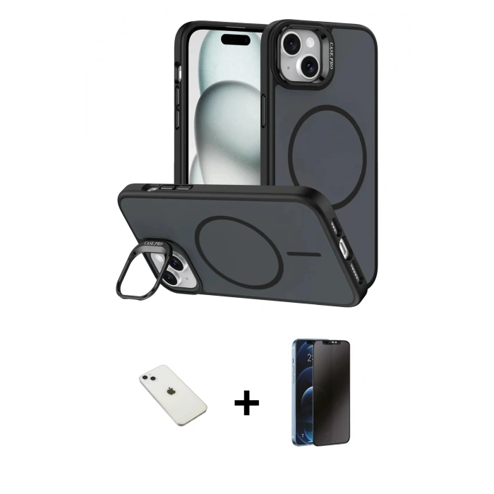 MARSİLYAN™- iPhone 14 Kılıf Çekirdek Klasik - Siyah 3D Antistatik Hayalet Cam Ekran Koruyucu + Diamond Kamera Lens - SABE