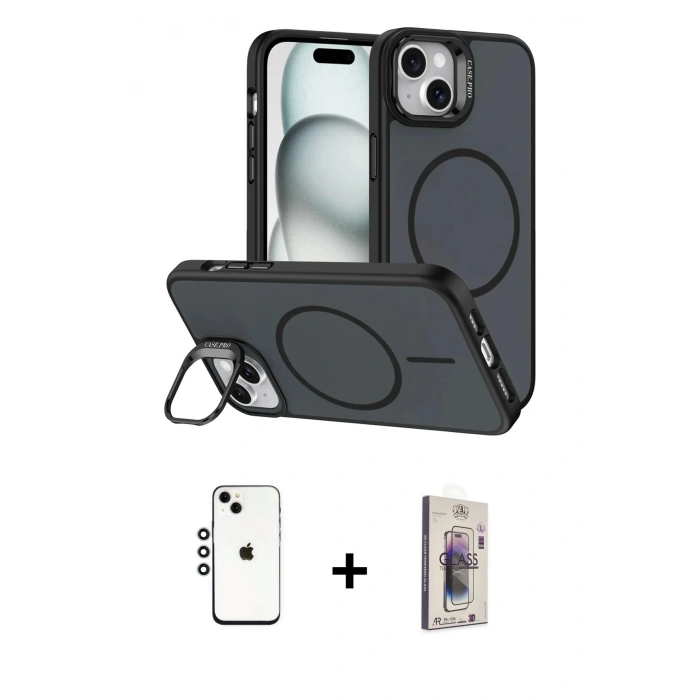 MARSİLYAN™- iPhone 14 Kılıf Çekirdek Klasik - Siyah Bilvis 3D Cam Ekran Koruyucu + Shine Kamera Lens - GS
