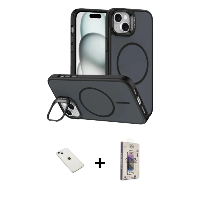 MARSİLYAN™- iPhone 14 Kılıf Çekirdek Klasik - Siyah Bilvis 3D Cam Ekran Koruyucu + Diamond Kamera Lens - SABE