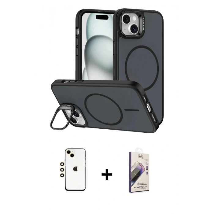 MARSİLYAN™- iPhone 14 Kılıf Çekirdek Klasik - Siyah Bilvis 3D Mat Cam Ekran Koruyucu + Shine Kamera Lens - GD