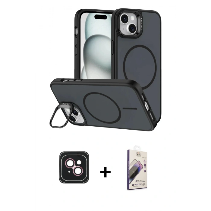 MARSİLYAN™- iPhone 14 Kılıf Çekirdek Klasik - Siyah Bilvis 3D Mat Cam Ekran Koruyucu + PVD Metal Kamera Lens - PE