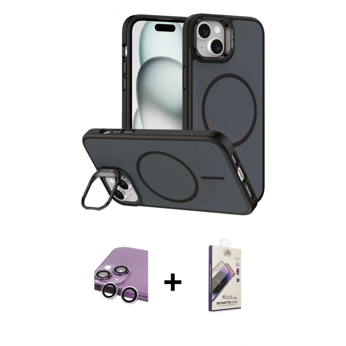 MARSİLYAN™- iPhone 14 Kılıf Çekirdek Klasik - Siyah Bilvis 3D Mat Cam Ekran Koruyucu + Raze Metal Kamera Lens - GS