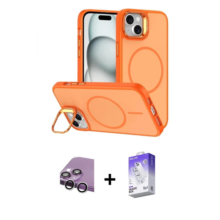 MARSİLYAN™- iPhone 14 Kılıf Çekirdek Klasik - Siyah Bilvis 5in1 3D Magic Cam Ekran Koruyucu + Raze Metal Kamera Lens - GS