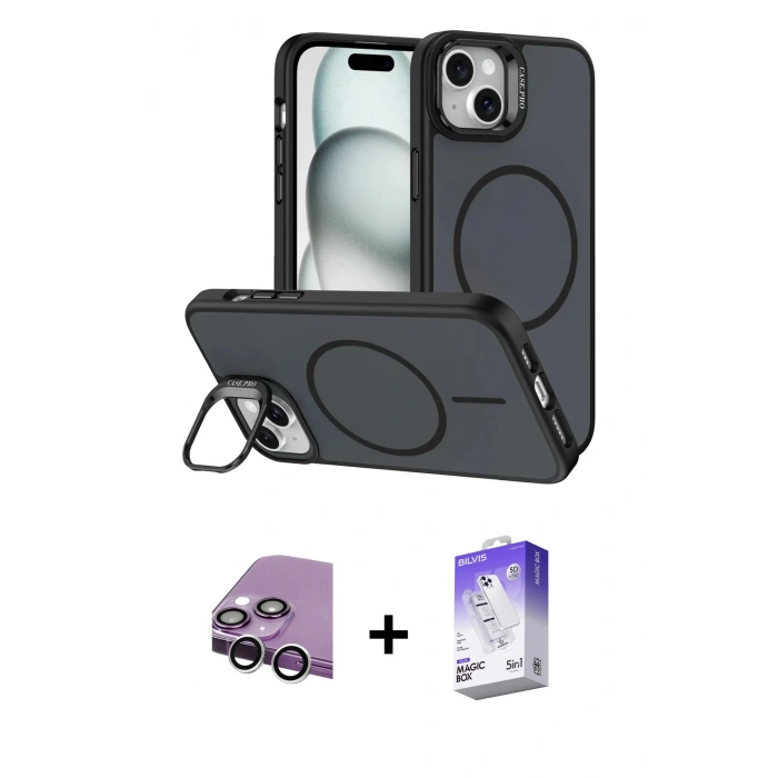 MARSİLYAN™- iPhone 14 Kılıf Çekirdek Klasik - Siyah Bilvis 5in1 3D Magic Cam Ekran Koruyucu + Raze Metal Kamera Lens - GS