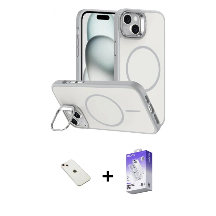 MARSİLYAN™- iPhone 14 Kılıf Çekirdek Klasik - Siyah Bilvis 5in1 3D Magic Cam Ekran Koruyucu + Diamond Kamera Lens - PE