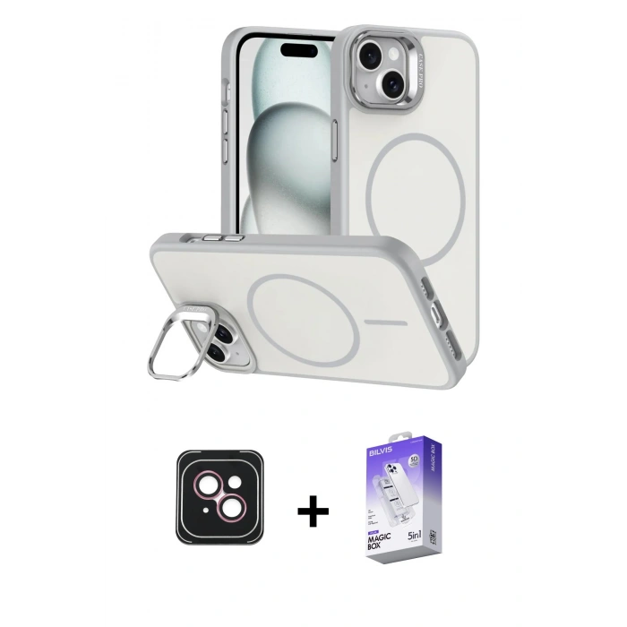 MARSİLYAN™- iPhone 14 Kılıf Çekirdek Klasik - Siyah Bilvis 5in1 3D Magic Cam Ekran Koruyucu + Pembe PVD Metal Kamera Lens