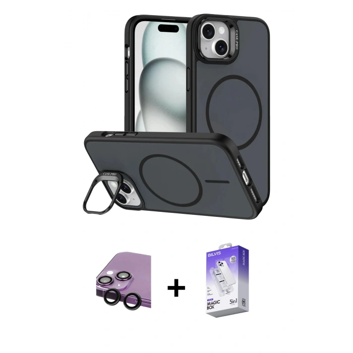 MARSİLYAN™- iPhone 14 Kılıf Çekirdek Klasik - Siyah Bilvis 5in1 3D Magic Cam Ekran Koruyucu + Raze Metal Kamera Lens - SH
