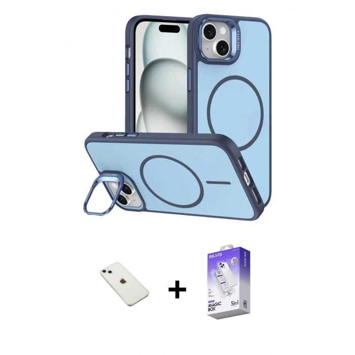 MARSİLYAN™- iPhone 14 Kılıf Çekirdek Klasik - Siyah Bilvis 5in1 3D Magic Cam Ekran Koruyucu + Diamond Kamera Lens - SABE