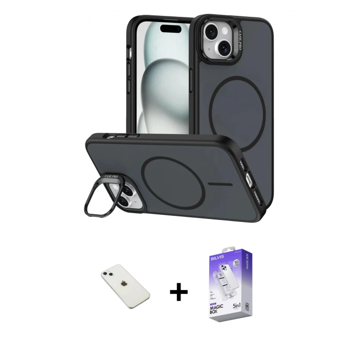 MARSİLYAN™- iPhone 14 Kılıf Çekirdek Klasik - Siyah Bilvis 5in1 3D Magic Cam Ekran Koruyucu + Diamond Kamera Lens - SABE