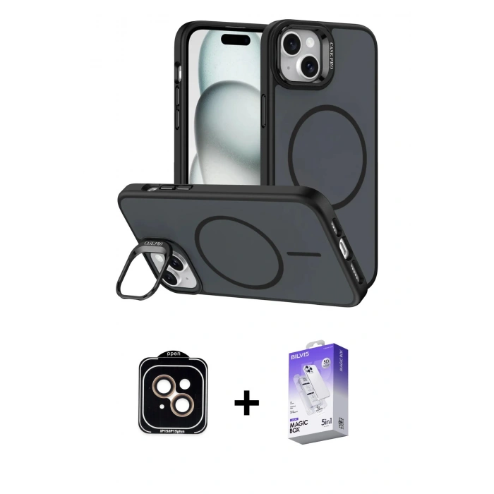 MARSİLYAN™- iPhone 14 Kılıf Çekirdek Klasik - Siyah Bilvis 5in1 3D Magic Cam Ekran Koruyucu + PVD Metal Kamera Lens - TU