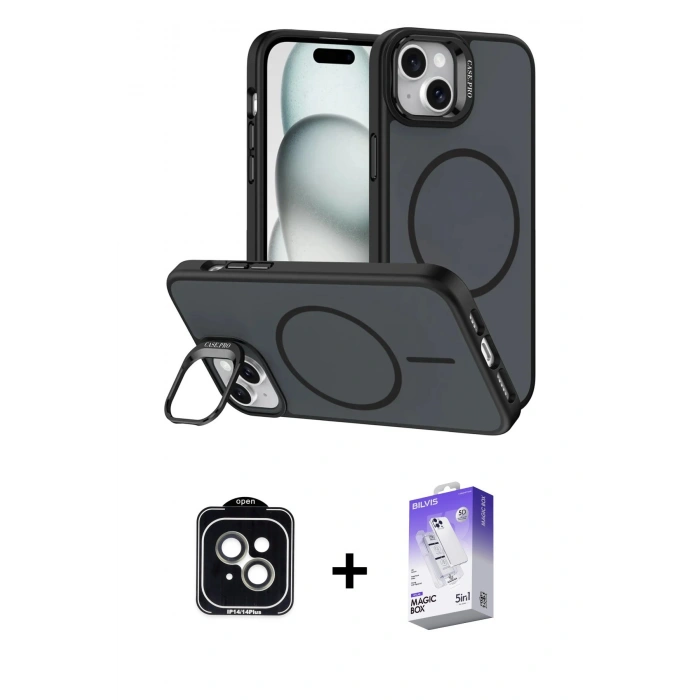 MARSİLYAN™- iPhone 14 Kılıf Çekirdek Klasik - Siyah Bilvis 5in1 3D Magic Cam Ekran Koruyucu + PVD Metal Kamera Lens - YL
