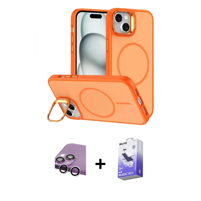MARSİLYAN™- iPhone 14 Kılıf Çekirdek Klasik - Siyah Bilvis 5in1 5D Magic Hayalet Cam Ekran Koruyucu + Raze Metal Kamera Lens - GS