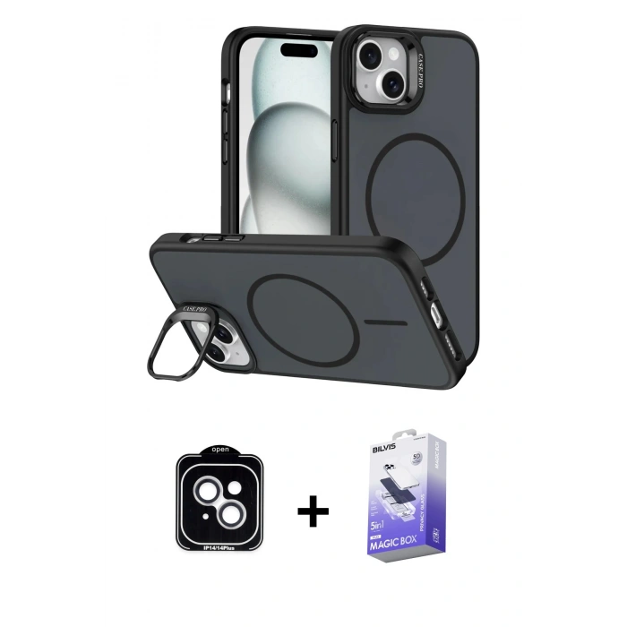 MARSİLYAN™- iPhone 14 Kılıf Çekirdek Klasik - Siyah Bilvis 5in1 5D Magic Hayalet Cam Ekran Koruyucu + PVD Metal Kamera Lens - GS