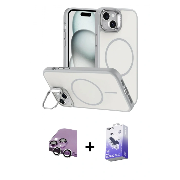 MARSİLYAN™- iPhone 14 Kılıf Çekirdek Klasik - Siyah Bilvis 5in1 5D Magic Hayalet Cam Ekran Koruyucu + Raze Metal Kamera Lens - GS